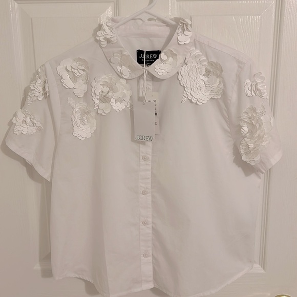 J. Crew Collection Cropped Button Up Shirt Floral Appliques White NWT Size 12 - Picture 4 of 10